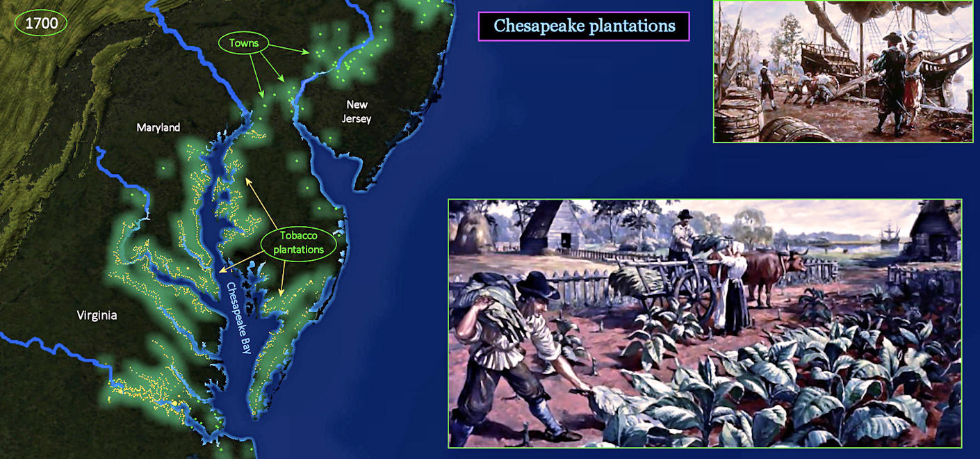 Chesapeake tobacco plantations, 1700 map